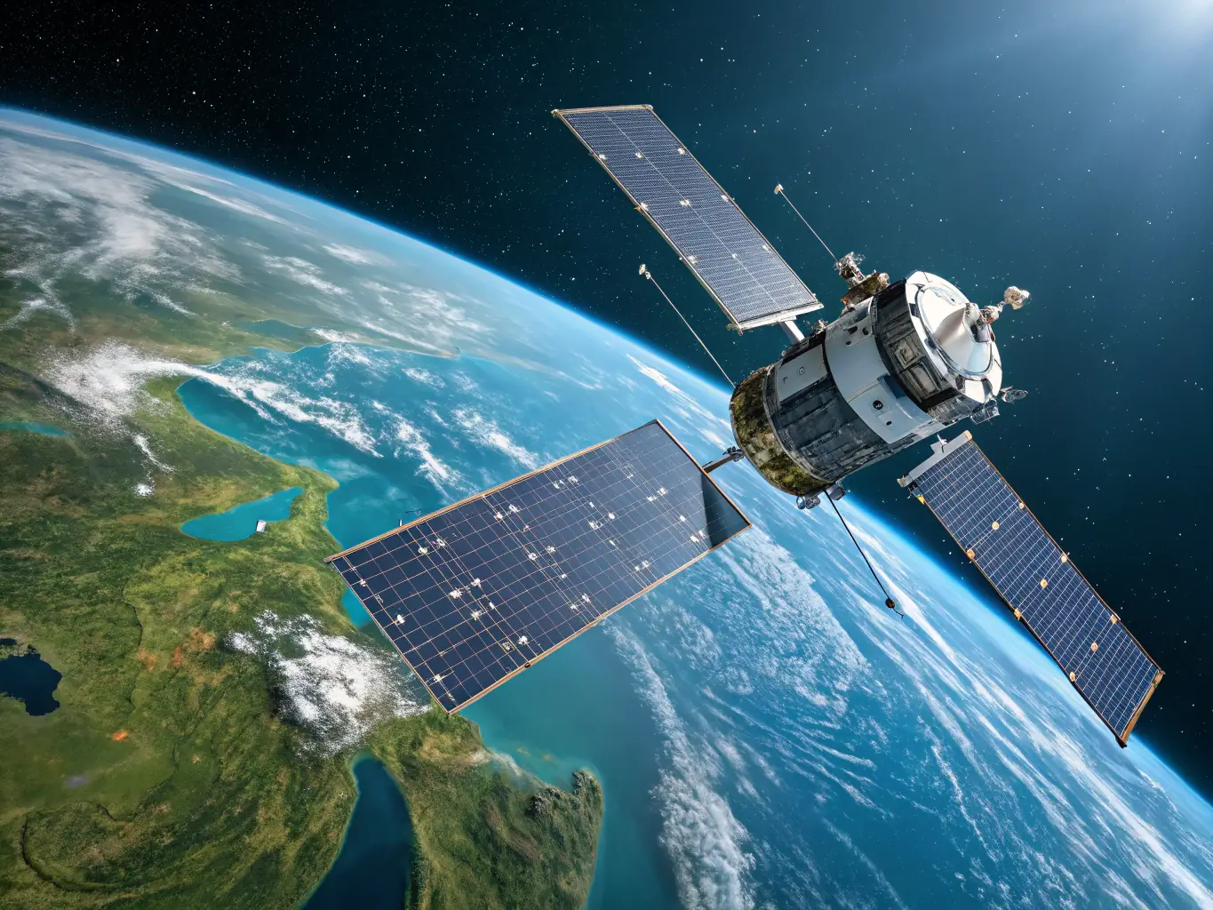 A satellite in space with solar panels coated with SolarProtect, highlighting its use in protecting against micrometeorite impacts and debris.