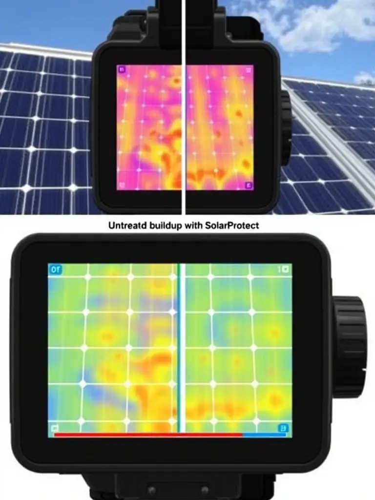 A thermal imaging camera showing a side-by-side comparison of two solar panels, one with SolarRelease and one without, clearly demonstrating the reduced thermal buildup on the coated panel.