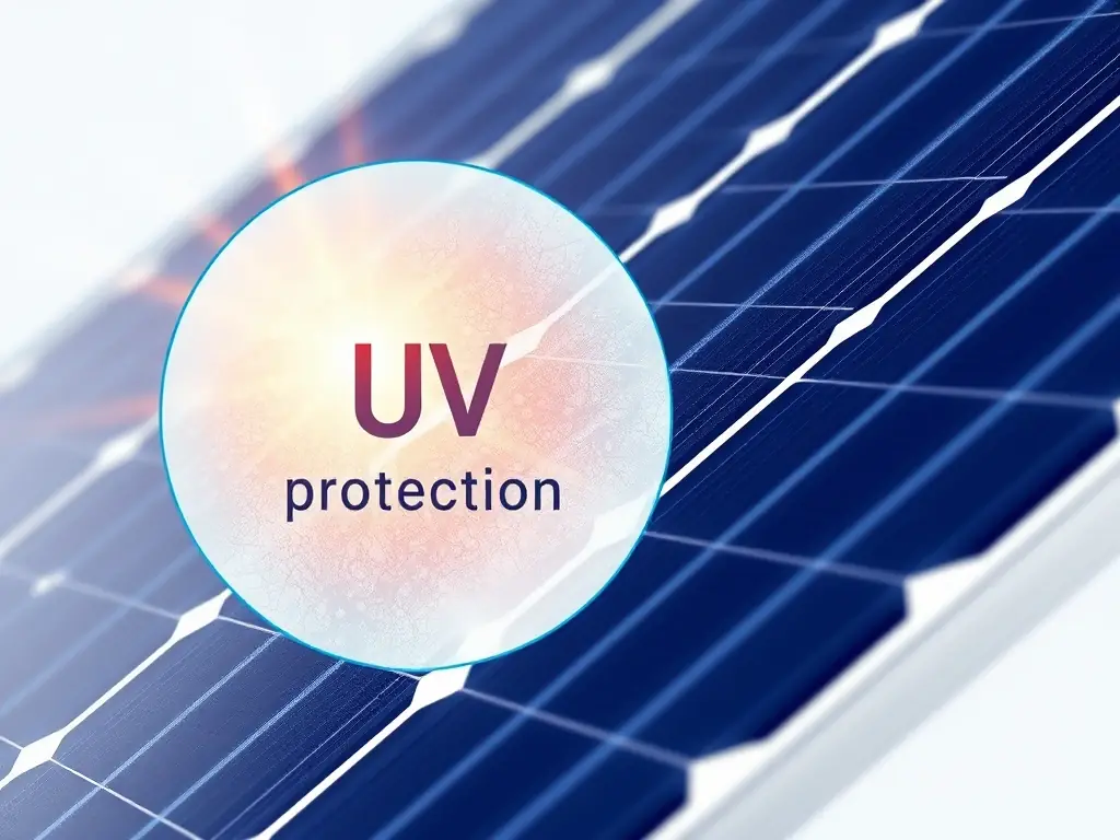 A solar panel protected by SolarRestore, with a UV protection layer visible under microscopic view. The image emphasizes the coating's ability to shield against harmful UV rays and prevent degradation.