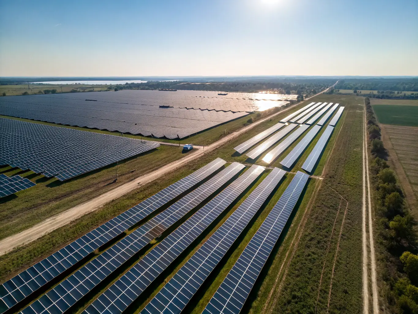 A large commercial solar farm with rows of solar panels protected by SolarProtect, demonstrating its effectiveness in large-scale energy production.