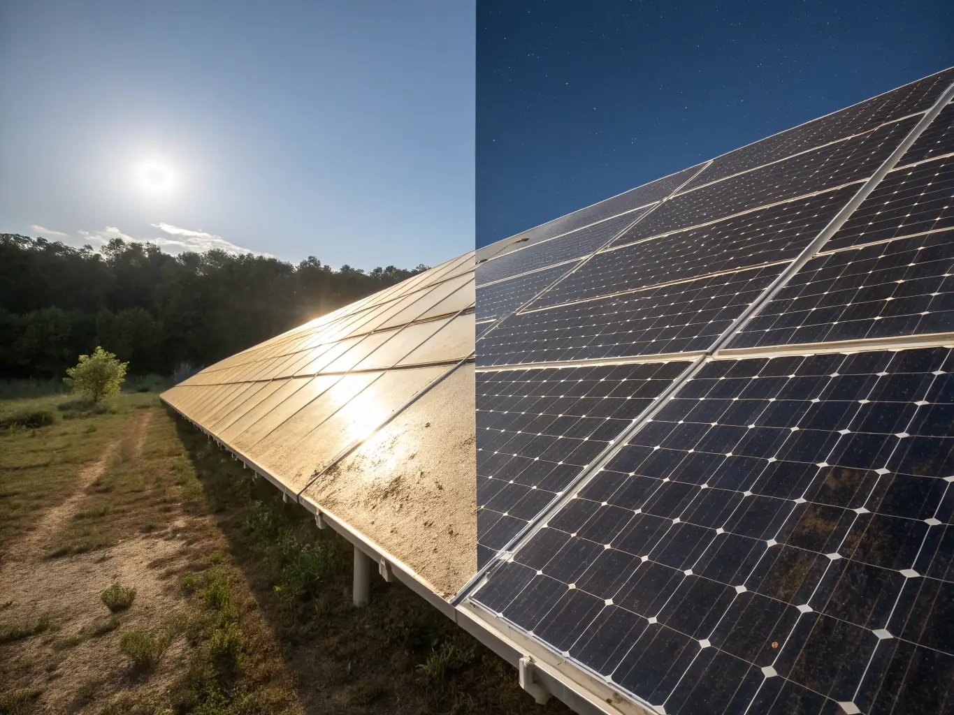 A before-and-after image demonstrating the self-cleaning properties of SolarProtect, showing a solar panel with and without the coating after exposure to dust and dirt.