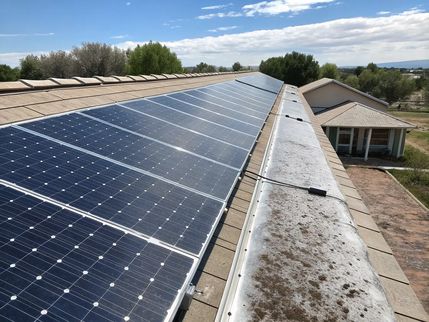 A solar panel undergoing a self-cleaning test, with dirt and debris being washed away by rainwater. The image highlights the self-cleaning capabilities of SolarRestore and its ability to maintain optimal performance.