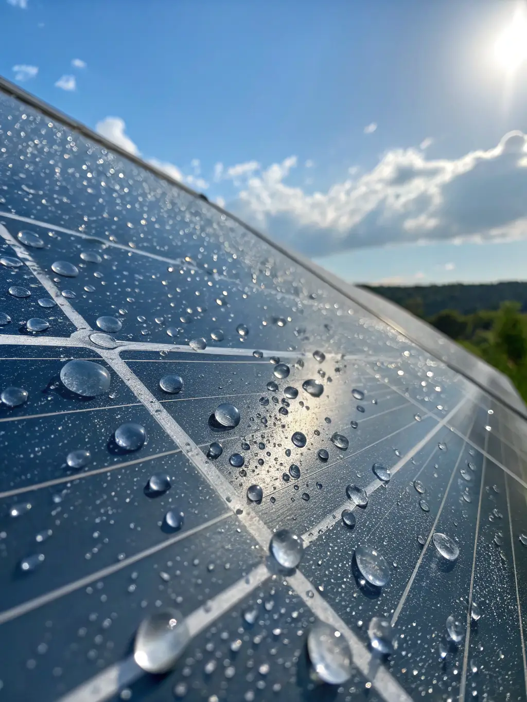 A close-up shot of a solar panel coated with SolarRelease, highlighting its smooth, even application and the way it reflects sunlight, emphasizing its protective qualities.